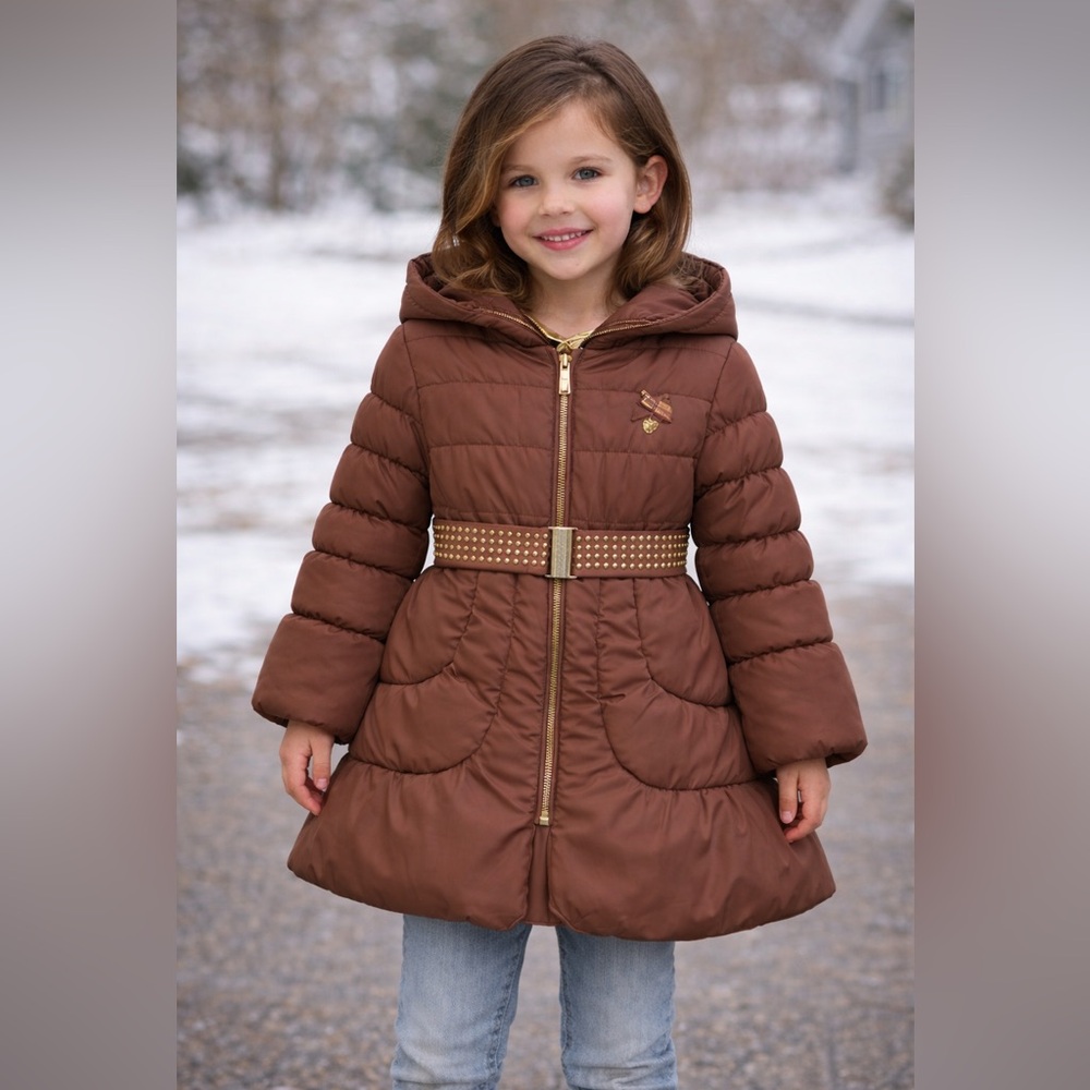 Le Chic‎ Boutique Girls Brown Puffer Jacket with Hood, Belt, Fitted Waist 5/6